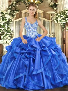 Elegant Blue Straps Neckline Beading and Ruffles Quinceanera Dresses Sleeveless Lace Up