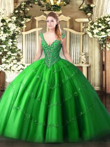 Affordable V-neck Sleeveless Sweet 16 Quinceanera Dress Floor Length Beading and Appliques Green Tulle
