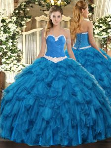 Blue Sleeveless Organza Lace Up 15 Quinceanera Dress for Military Ball and Sweet 16 and Quinceanera