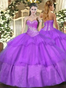 Nice Beading and Ruffled Layers 15th Birthday Dress Lilac Lace Up Sleeveless Floor Length
