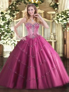 Cheap Floor Length Lace Up Quinceanera Gown Fuchsia for Sweet 16 and Quinceanera with Beading