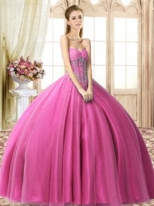 Cute Sleeveless Floor Length Beading Lace Up Vestidos de Quinceanera with Fuchsia