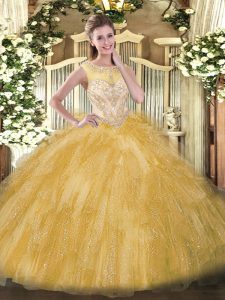 Lovely Scoop Sleeveless Vestidos de Quinceanera Floor Length Beading and Ruffles Gold Organza