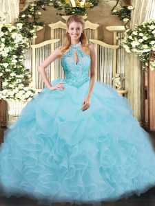 Aqua Blue Sleeveless Organza Lace Up Quinceanera Gowns for Military Ball and Sweet 16 and Quinceanera