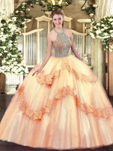 Peach Lace Up Halter Top Beading and Appliques Quince Ball Gowns Tulle Sleeveless