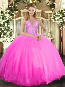 Beading 15th Birthday Dress Rose Pink Lace Up Sleeveless Floor Length