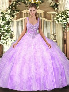 Fantastic Lilac Sleeveless Floor Length Beading and Ruffles Lace Up Ball Gown Prom Dress