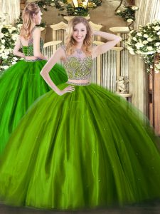 Olive Green Sleeveless Floor Length Beading Lace Up Sweet 16 Dresses