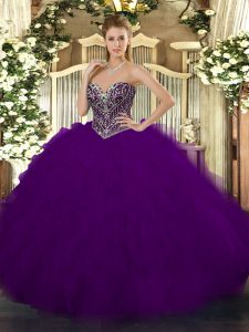 Attractive Sleeveless Tulle Floor Length Lace Up Quinceanera Gowns in Dark Purple with Beading and Ruffles