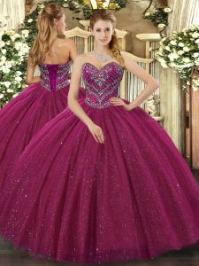 Custom Made Floor Length Lace Up 15 Quinceanera Dress Fuchsia for Military Ball and Sweet 16 and Quinceanera with Beading