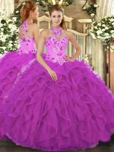 Affordable Halter Top Sleeveless Organza 15th Birthday Dress Beading and Embroidery and Ruffles Lace Up
