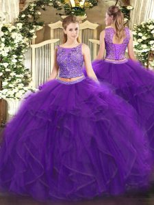 Purple Lace Up Quince Ball Gowns Beading and Ruffles Sleeveless Floor Length