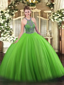 Green Ball Gowns Tulle Halter Top Sleeveless Beading Floor Length Lace Up 15th Birthday Dress