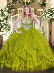 Fine Olive Green Sleeveless Floor Length Beading Lace Up 15th Birthday Dress