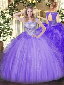 Fancy Lavender Tulle Lace Up Sweet 16 Dress Sleeveless Floor Length Beading
