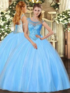 Glamorous Baby Blue Lace Up Scoop Beading Quinceanera Gown Tulle Sleeveless