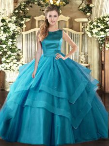 Teal Sleeveless Floor Length Ruffled Layers Lace Up Quinceanera Dresses