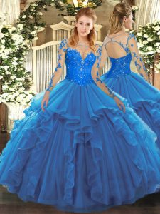 Scoop Long Sleeves Tulle Quinceanera Gowns Lace and Ruffles Lace Up