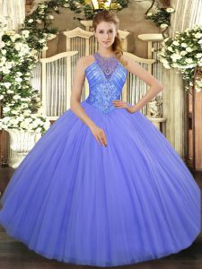 Sexy Sleeveless Floor Length Beading Lace Up Sweet 16 Dress with Lavender