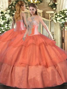 Coral Red Sleeveless Floor Length Beading and Ruffled Layers Lace Up Sweet 16 Quinceanera Dress
