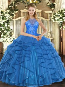 Ball Gowns Quince Ball Gowns Teal High-neck Organza Sleeveless Floor Length Lace Up