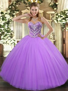 Nice Sweetheart Sleeveless Sweet 16 Dresses Floor Length Beading Lavender Tulle