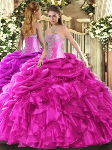 Fantastic Sweetheart Sleeveless Quinceanera Dresses Floor Length Beading and Ruffles and Pick Ups Hot Pink Organza
