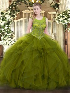 Decent Olive Green Zipper Scoop Beading and Ruffles Quince Ball Gowns Organza Sleeveless