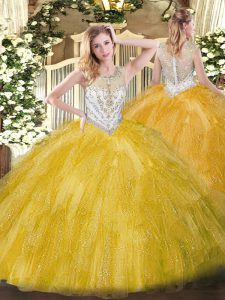 Vintage Ball Gowns Quinceanera Gown Gold Scoop Tulle Sleeveless Floor Length Zipper