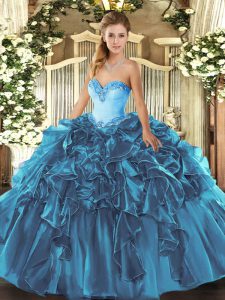Teal Sweetheart Lace Up Beading and Ruffles Quinceanera Dress Sleeveless