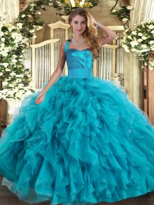 Wonderful Teal Tulle Lace Up Quinceanera Gowns Sleeveless Floor Length Ruffles