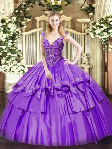 Smart Organza and Taffeta Sleeveless Floor Length 15th Birthday Dress and Beading and Ruffled Layers