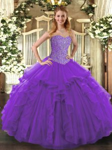 Suitable Sleeveless Tulle Floor Length Lace Up Quinceanera Gowns in Purple with Beading and Ruffles