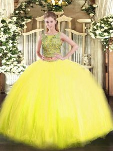 New Arrival Yellow Lace Up Quinceanera Dress Beading Sleeveless Floor Length