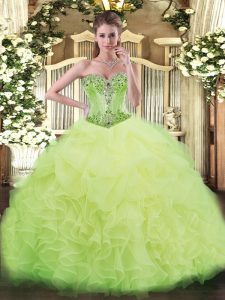 Extravagant Yellow Green Sweetheart Lace Up Beading and Ruffles Ball Gown Prom Dress Sleeveless