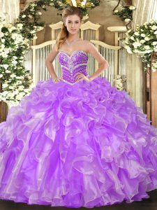 Attractive Floor Length Lace Up 15 Quinceanera Dress Lavender for Military Ball and Sweet 16 and Quinceanera with Beading and Ruffles