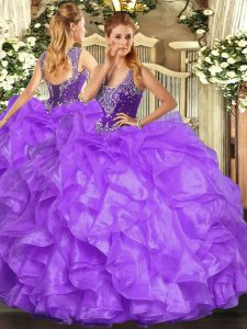 Floor Length Lavender 15 Quinceanera Dress Organza Sleeveless Beading and Ruffles