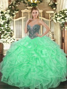 Floor Length Apple Green Vestidos de Quinceanera Organza Sleeveless Beading and Ruffles