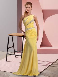 Designer Yellow Chiffon Lace Up One Shoulder Sleeveless Floor Length Prom Gown Sweep Train Beading