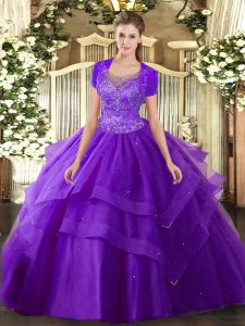 Purple Sleeveless Tulle Clasp Handle Sweet 16 Dress for Military Ball and Sweet 16 and Quinceanera
