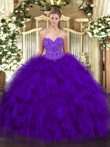 Purple Lace Up 15th Birthday Dress Beading and Ruffles Sleeveless Floor Length