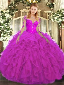 Lace and Ruffles Quinceanera Dress Fuchsia Lace Up Long Sleeves Floor Length