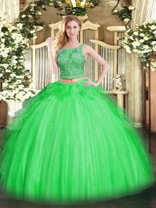 Scoop Neckline Beading and Ruffles Ball Gown Prom Dress Sleeveless Lace Up
