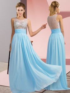 Aqua Blue Empire Scoop Sleeveless Chiffon Floor Length Side Zipper Beading Prom Party Dress
