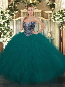 Sweetheart Sleeveless Tulle 15 Quinceanera Dress Beading and Ruffles Lace Up