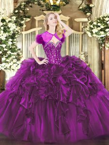 Purple Ball Gowns Organza Sweetheart Sleeveless Beading and Ruffles Floor Length Lace Up Sweet 16 Quinceanera Dress