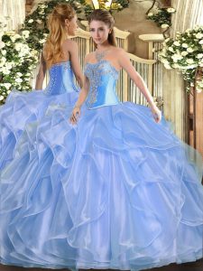 Luxury Baby Blue Lace Up Quince Ball Gowns Beading and Ruffles Sleeveless Floor Length