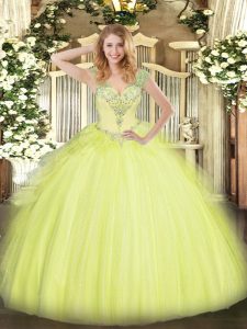 Modern Yellow Green V-neck Lace Up Beading and Ruffles Sweet 16 Dresses Sleeveless