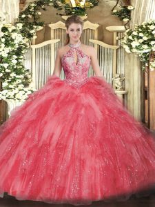 Flirting Coral Red Halter Top Lace Up Beading and Ruffles Quinceanera Gown Sleeveless