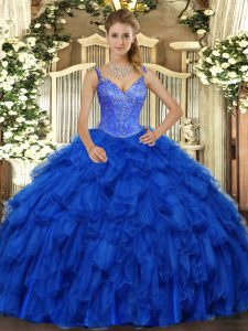 Popular Royal Blue Ball Gowns V-neck Sleeveless Organza Floor Length Lace Up Beading and Ruffles Sweet 16 Quinceanera Dress